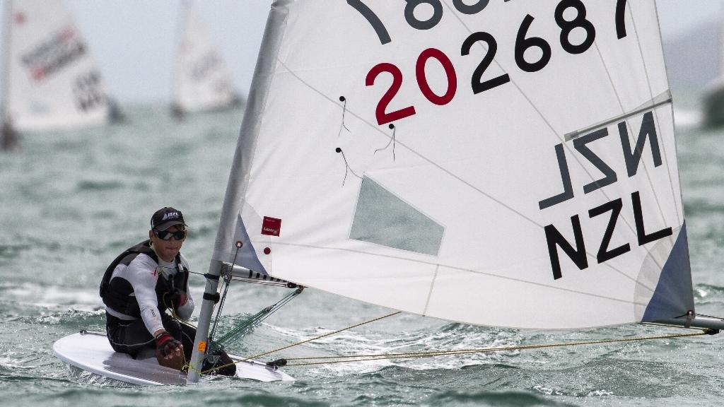 Laser representative Andrew McKenzie in action at 2013 Oceanbridge Sail Auckland © Gareth Cooke